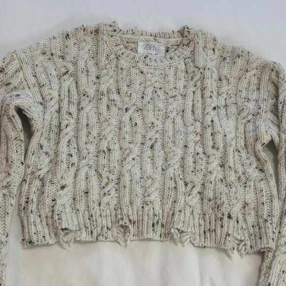 ZARA KID'S GIRL Cream Flecked Distressed Cropped Cable-Knit Sweater, 13-14 Years - Picture 10 of 14